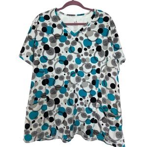 Willow Brook Scrub Top Women's Size 2X White Teal Gray Black Circles V-Neck